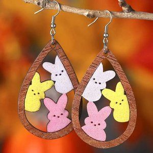 Earrings Easter Peeps Marshmallow Bunny Dangle Wood Candy Stylish Trendy Cute